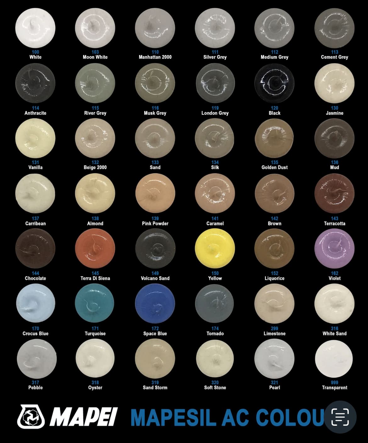 Mapesil AC Colour Chart numbers